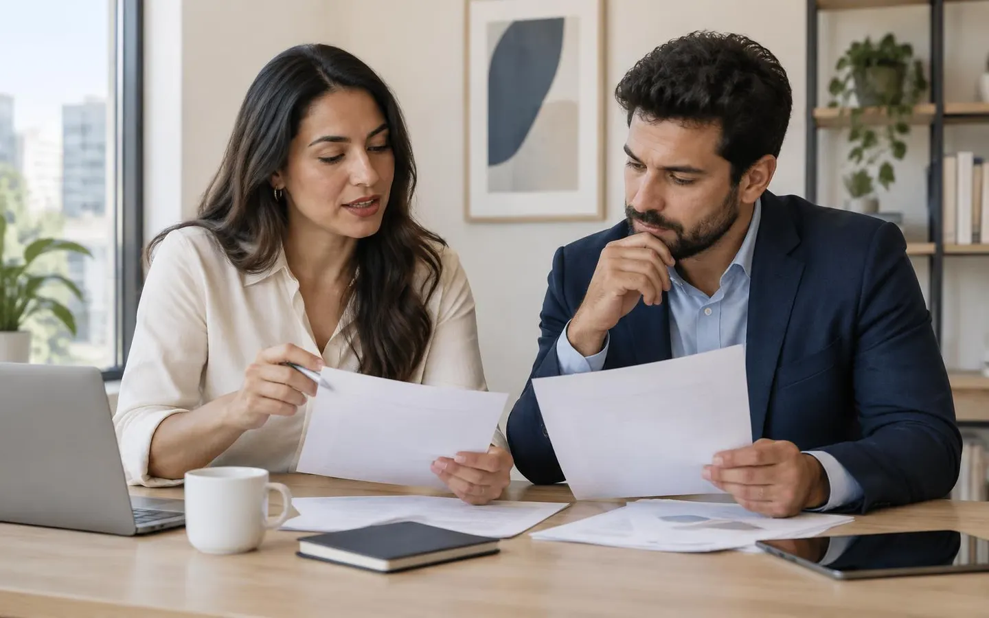 Duas pessoas comparando propostas impressas em uma mesa