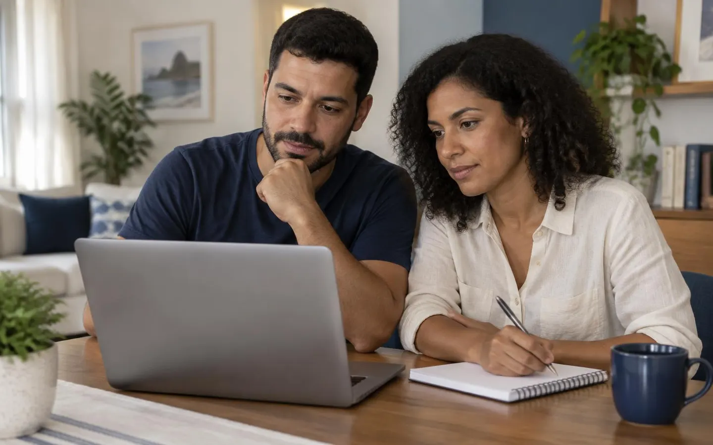 Casal analisando o planejamento diante de um notebook e de um caderno