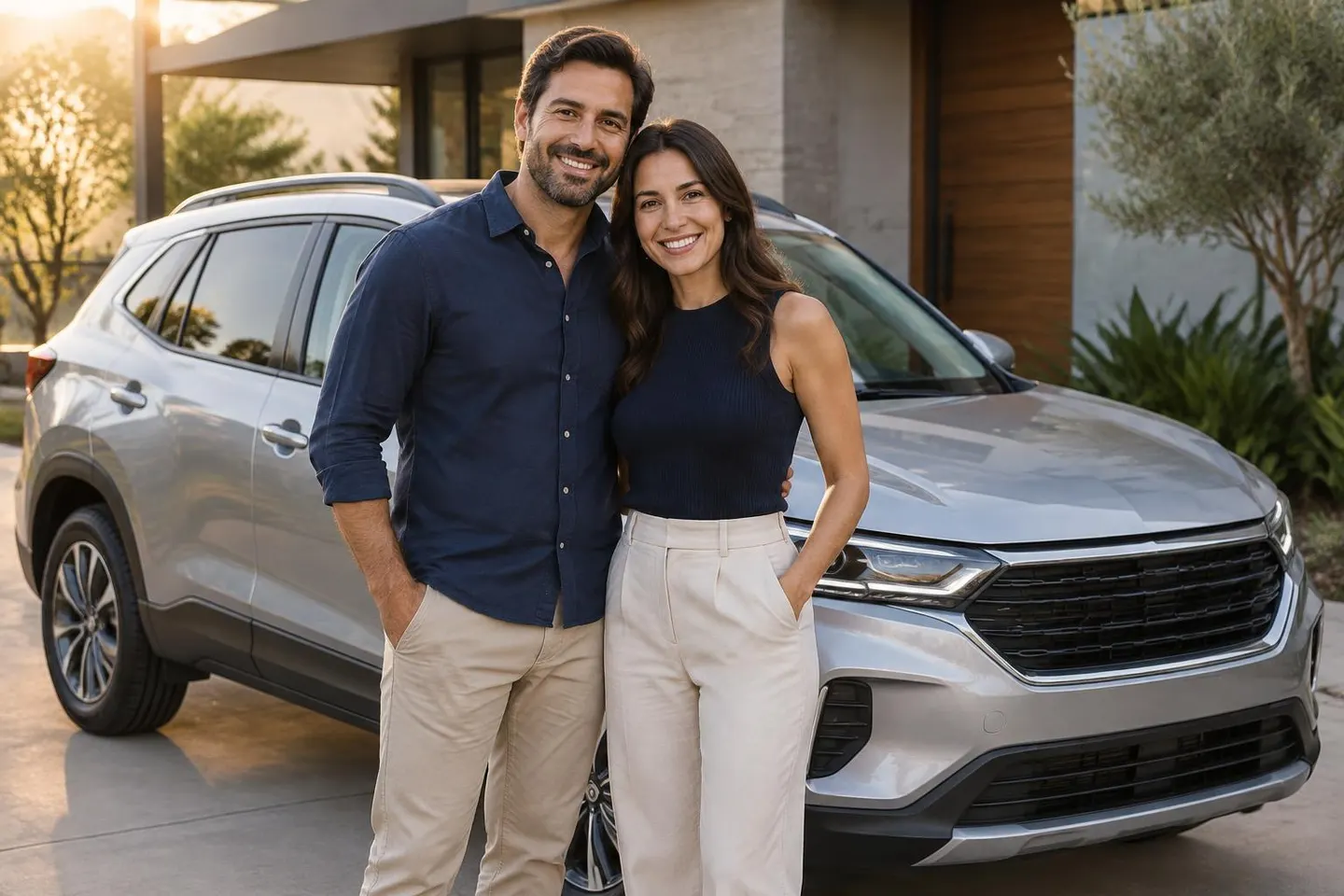Casal sorrindo ao lado de um carro estacionado