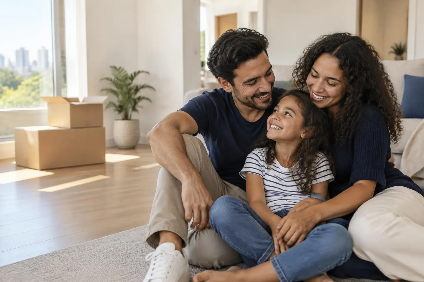 Família sorrindo em um ambiente residencial durante a mudança